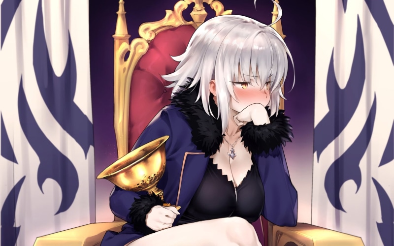 Avenger (Fate/Grand Order), short hair, blush, white hair, throne, yellow eyes, Fate Series, necklace, Fate/Grand Order, Jeanne (Alter) (Fate/Grand Order)