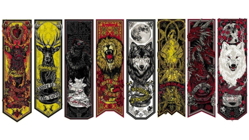 close-up, no people, side by side, tapestries, indoors, 1080P, A Song of Ice and Fire, in a row, arrangement, cut out, large group of objects, human representation