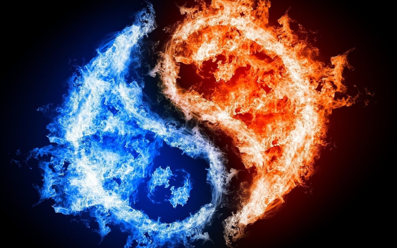 yinyang, hd, and, 2K, red, fire, abstract, ice, blue