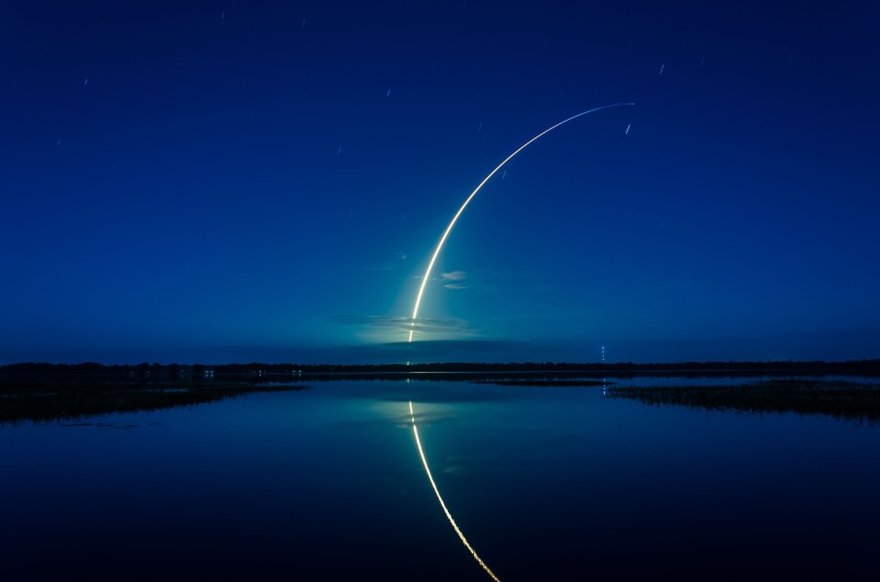 Falcon 9 rocket, reflection, tranquility, nature, blue, moon, idyllic, power in nature, scenics - nature, lake, 4K, illuminated, water, waterfront, non-urban scene