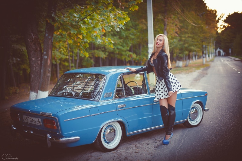 machine, beautiful, looking, Lada, beautiful woman, people Traveling, old-fashioned, vintage Car, black, brown Hair, 1080P, outdoors, elegance, hairstyle