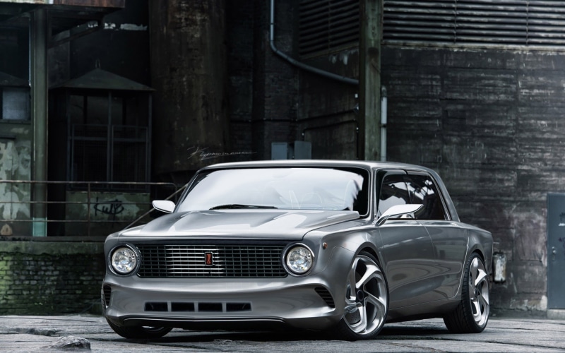 stationary, built structure, building, building exterior, garage, motor vehicle, vintage car, 1080P, day, street, city, outdoors, car, land vehicle, mode of transportation