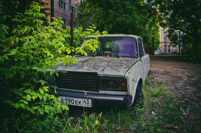 motor vehicle, road, headlight, Lada, mode of Transport, abandoned, old-fashioned, classic, plant, old, day, bumper, grille, dirty, car, damaged, nature