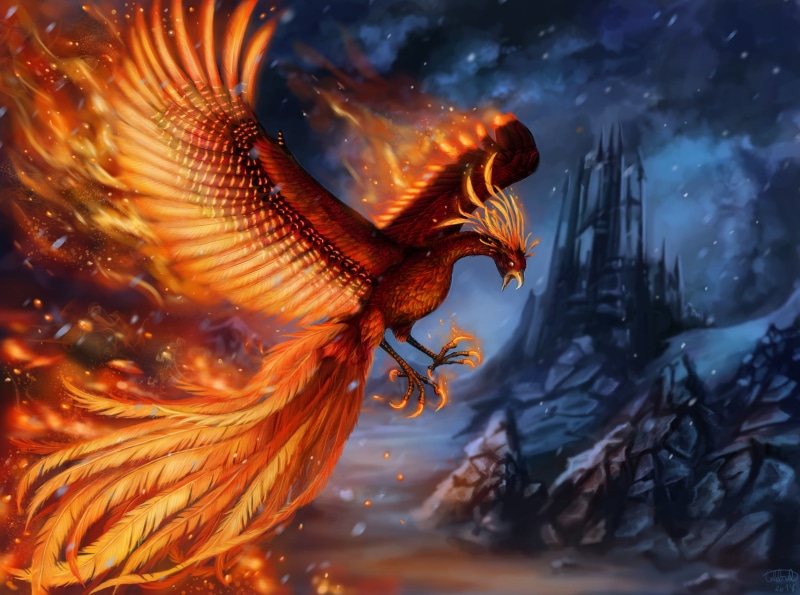 bird, Phoenix, wings, rocks, fantasy, art, 2K, castle, flame
