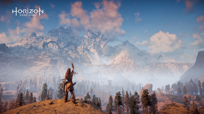PlayStation 4, travel, leisure activity, snowcapped mountain, Aloy (Horizon: Zero Dawn), 1080P, one person, digital composite, real people, outdoors, lifestyles