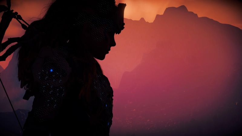 waist up, profile view, Aloy (Horizon: Zero Dawn), 1080P, sky, women, silhouette, video games, young adult, portrait, Horizon: Zero Dawn, one person, side view