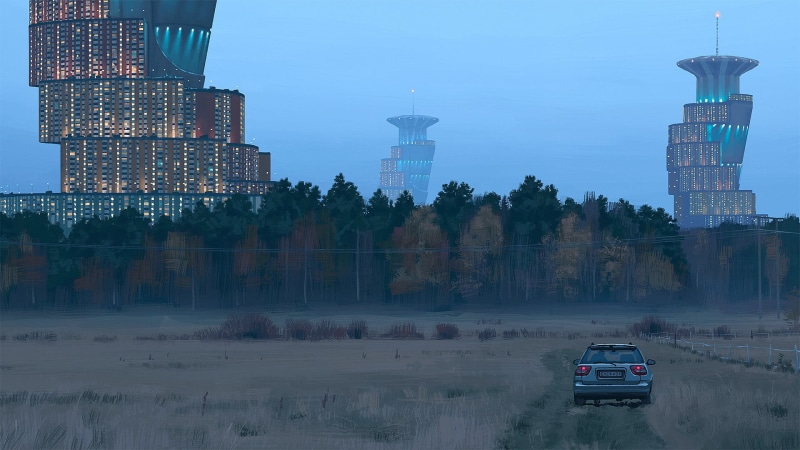 nature, sky, building exterior, motor vehicle, building, skyscraper, mode of transportation, field, science fiction, industry, built structure, 1080P