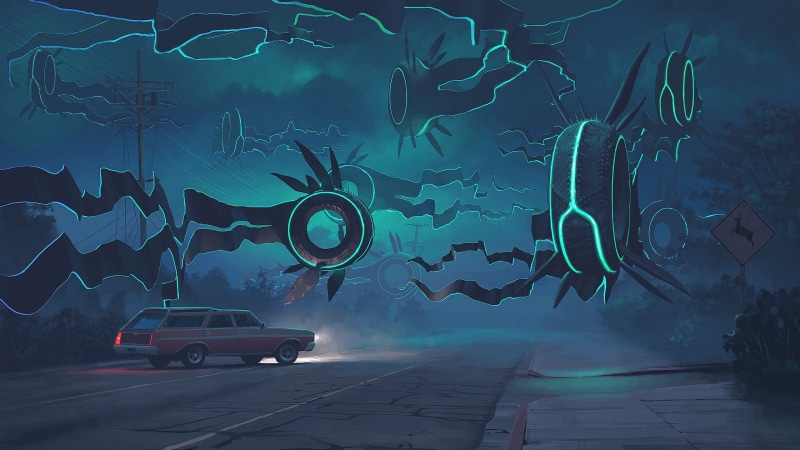 transparent, Simon Stålenhag, transportation, artwork, road, illustration, motion, wagon, nature, sky, 2K, car, gray, science fiction, sea, street, mode of transportation
