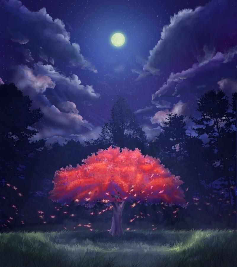 environment, outdoors, cloud - sky, digital composite, no people, celebration, red, illustration, land, cherry blossom, tree, star - space, plant, beauty in nature