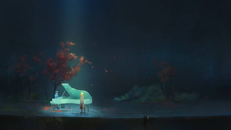 music, motion, anime, playing, smoke - physical structure, land, reflection, sadness, fire, water, Shigatsu wa Kimi no Uso, couple, arts culture and entertainment