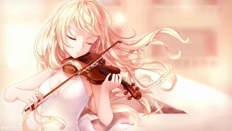 women, 1080P, illuminated, blond hair, Miyazono Kaori, art and craft, female, one person, digital composite, anime girls, playing, indoors, musical instrument