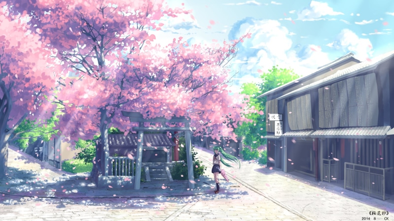 season, Hatsune Miku, architecture, train - vehicle, building exterior, school uniform, plant, window, blue, railroad track, decoration, flower, transportation