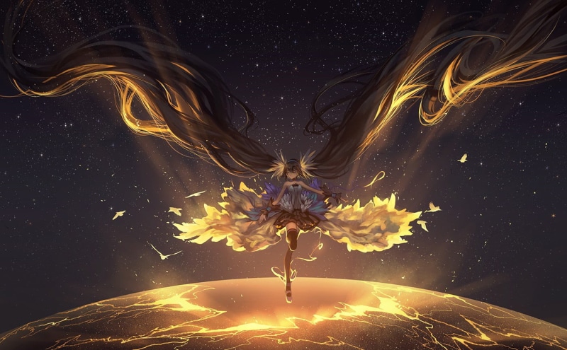 front view, black background, animated, space, astronomy, illustration, 720P, Hatsune Miku, nature, real people, one person, Vocaloid, fantasy, sky, star - space