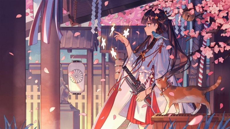 anime art, 1080P, cherry blossom, anime girl, anime, cat, art, pink