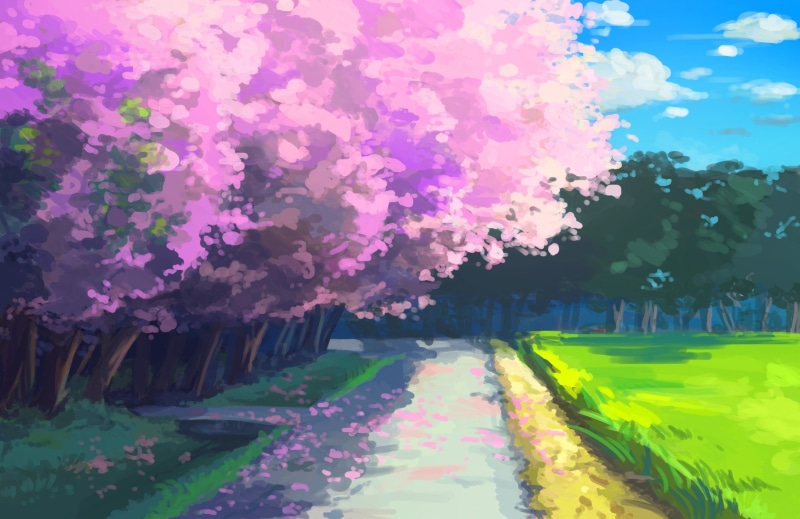 nature, day, sky, outdoors, cherry blossom, flowering plant, springtime, water, anime, pink color, reflection, freshness, beauty in nature, tranquil scene