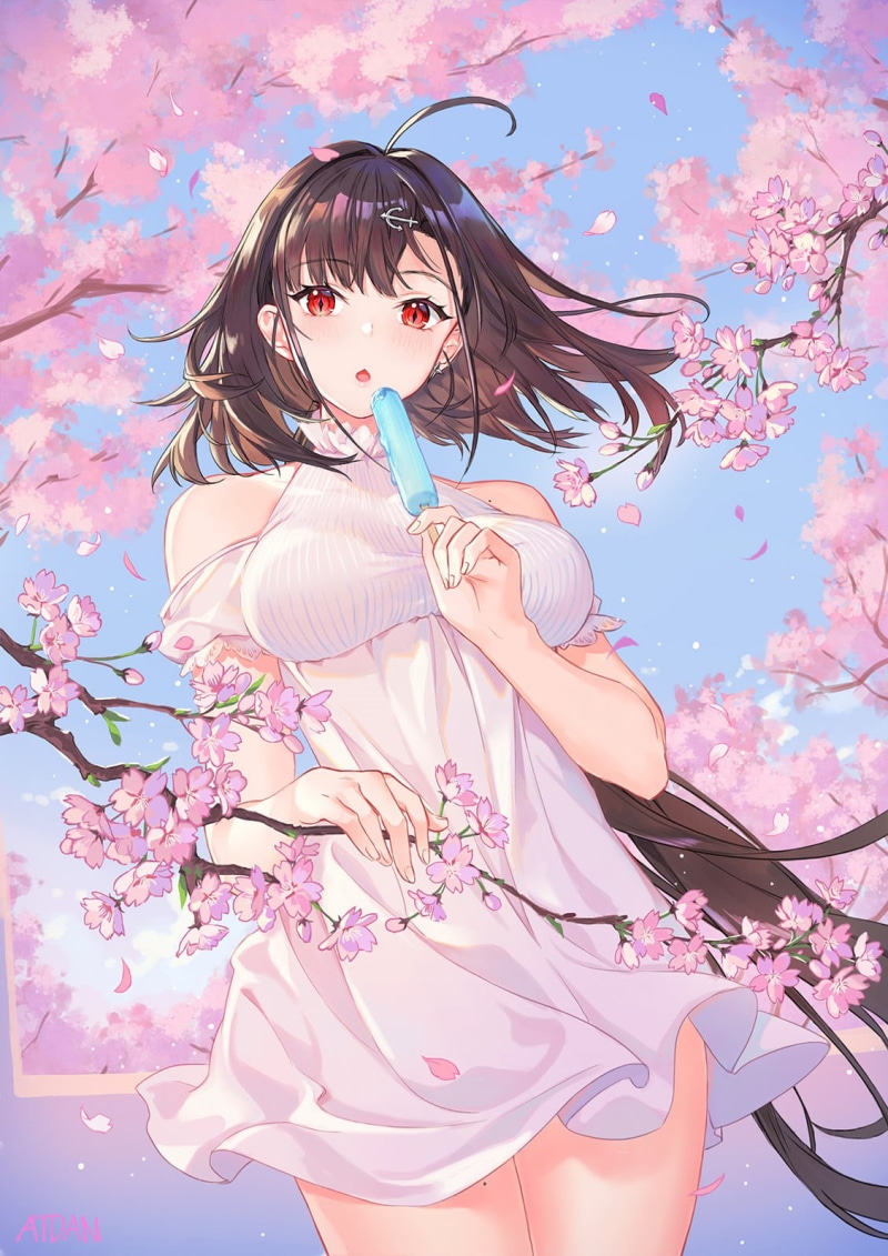anime girls, drawing, Azur Lane, dress, artwork, cherry blossom, Atdan, blushing, hair pins, Independence (Azur Lane), looking at viewer, 720P, video games