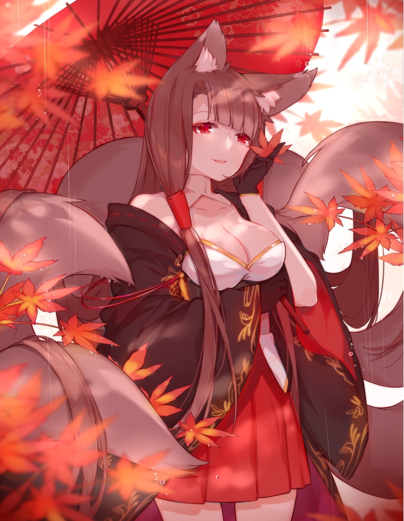 umbrella, long hair, Azur Lane, 2K, brunette, Akagi (Azur Lane), fantasy girl, smiling, animal ears, kimono, water drops, fan art, bokeh, red eyes, women