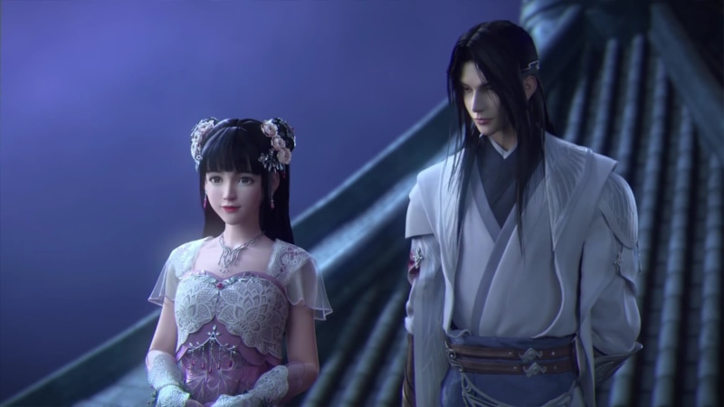 3D, fashion, two people, young women, teenager, black hair, standing, anime, Chinese animation, people, SNJYW, women, hairstyle, blue background, focus on foreground