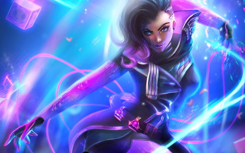 wearing, indoors, music, young women, digital, portrait, real people, women, looking at camera, illuminated, studio shot, woman, Sombra (Overwatch), nightlife