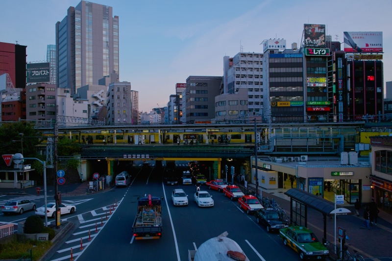 city street, modern, land vehicle, city, architecture, street, mode of transportation, japan, bridge, shinjuku-ku, road marking, station, 4K, railway