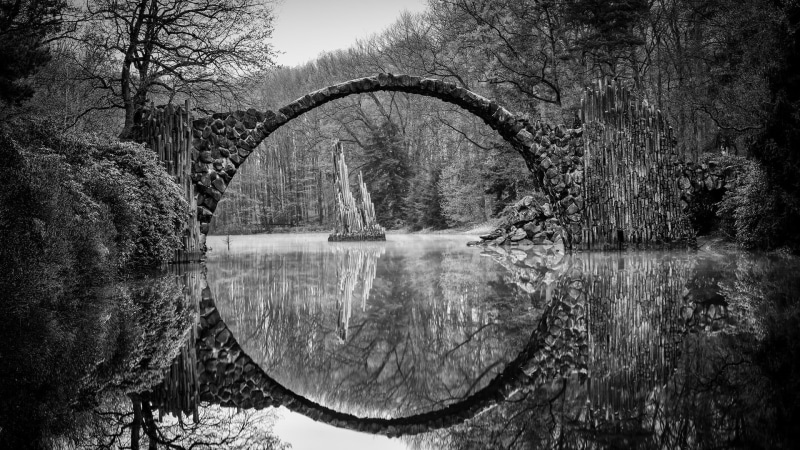 reflection, Germany, water, Germany, plants, bridge, river, 1080P, monochrome, nature, forest, Rakotzbrücke Devils Bridge, trees
