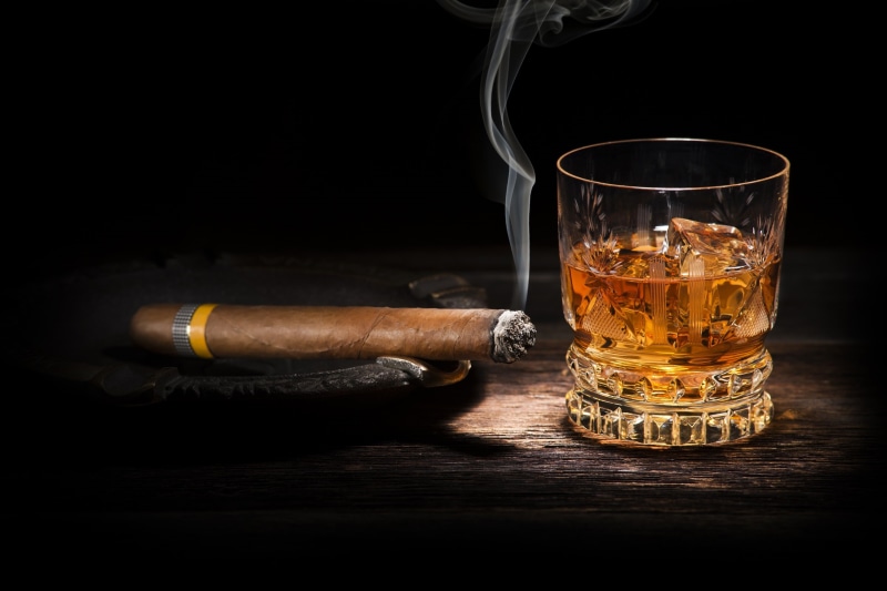 refreshment, smoke, alcohol, 2K, household equipment, still life, studio shot, black background, indoors, whiskey, glass, no people, shot glass, cigar