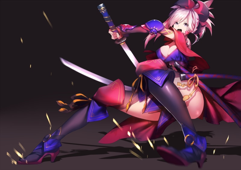 purple, Miyamoto Musashi (fate/grand order), studio shot, decoration, arts culture and entertainment, young women, costume, clothing, stage costume, creativity