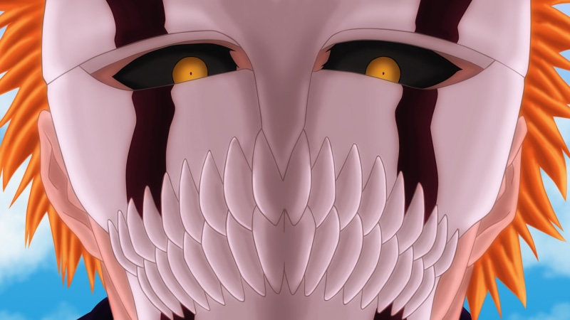 low angle view, Kurosaki Ichigo, no people, front view, bankai, 4K, close-up, hallow, ichico, mask, pattern, day, indoors, multi colored, representation