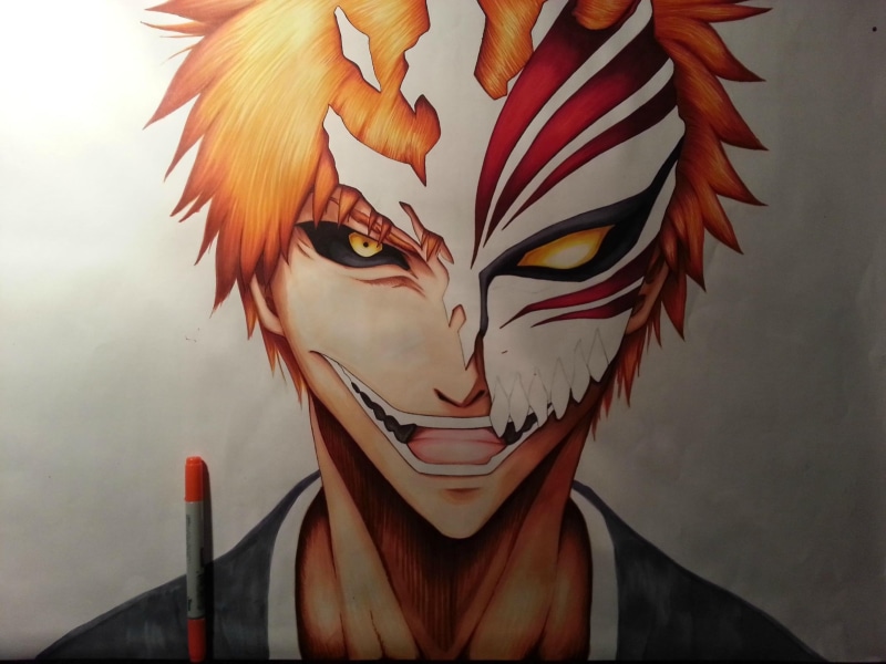 mask, one person, real people, Kurosaki Ichigo, disguise, outdoors, creativity, orange color, mask - disguise, nature, sky, redhead, unrecognizable person