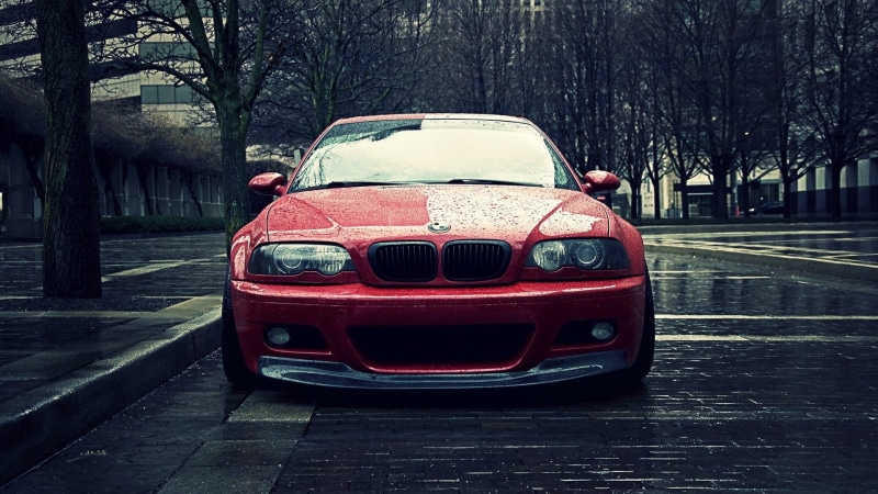 red cars, BMW, vehicle, urban, wet, retro styled, 1080P, tree, street, outdoors, car, road, transportation, mode of transportation, land vehicle, plant