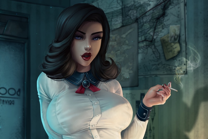 black hair, smoke, BioShock, drawing, 2K, portrait, BioShock Infinite: Burial at Sea, shirt, women, BioShock Infinite, blue eyes, depth of field, video games