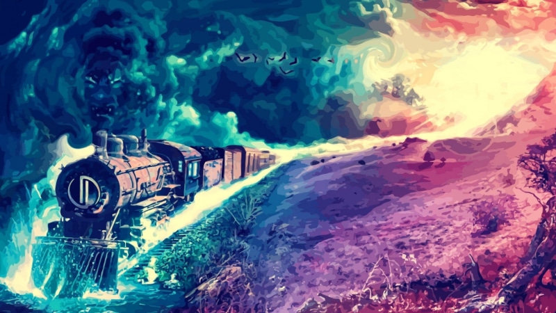 public transportation, outdoors, digital, steam train, painting, smoke - physical structure, travel, mountain, fantasy art, train - vehicle, digital art