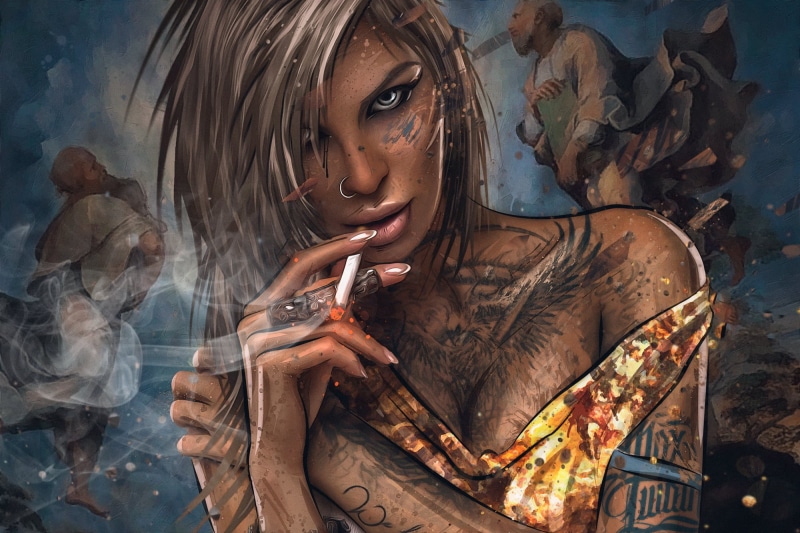 portrait, artwork, eyeliner, bare shoulders, tattoo, blonde, inked girls, gray eyes, Max Twain, looking at viewer, 1080P, women, nose rings, digital art