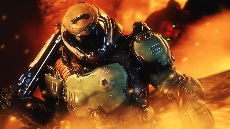 Doom guy, 1080P, fire, video game characters, screen shot, Bethesda Softworks, Doom (2016), Doom slayer, shotgun