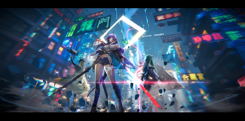 digital, 5K, horns, SAyuki, Arknights, low-angle, anime, Hoshiguma (Arknights), anime girls, Chen (Arknights)