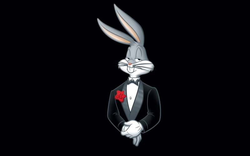 bugs, representation, 1080P, indoors, single object, cut out, cartoon, suit, close-up, silver colored, black background, flower, Warner Brothers