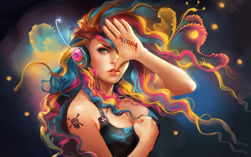sakimichan, Music, high, definition, women, 1080P, entertainment, sopa, headphones, gamers, hd, rainbows, rave, deviantart, art, samikich, girl
