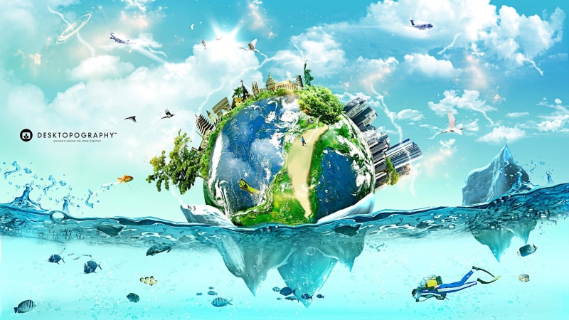 fish, gray, nature, cloud - sky, white, business, studio shot, world, floating on water, divers, composite image, outdoors, sky, water, digital art, 2K