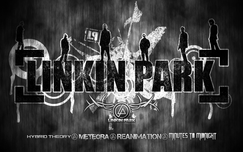 linkin, wall - building feature, western script, Linkin Park, human representation, blackboard, indoors, panoramic, art and craft, male likeness, composite image