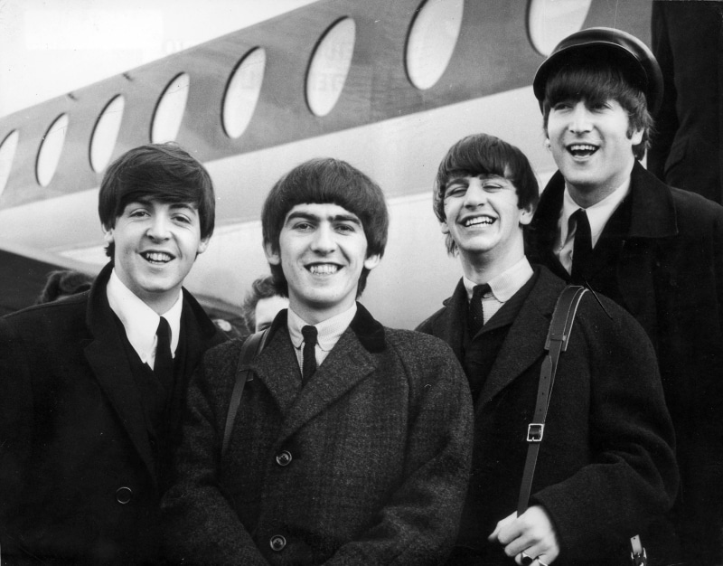 smiling, 60s, Paul McCartney, males, history, teenage boys, happiness, indoors, adolescence, John Lennon, suit, George Harrison, men, talent, retro Styled