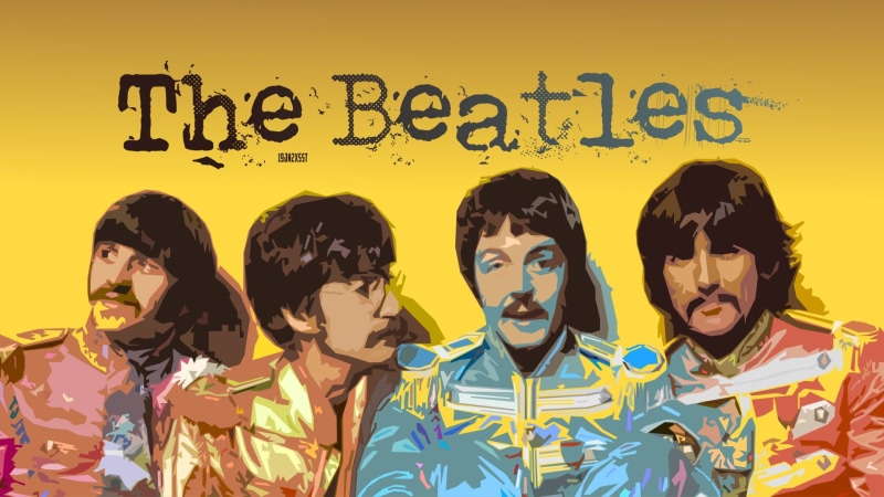 people, friendship, Music, yellow, indoors, young women, Band (Music), Rock (Music), Artistic, women, George Harrison, togetherness, front view, The Beatles