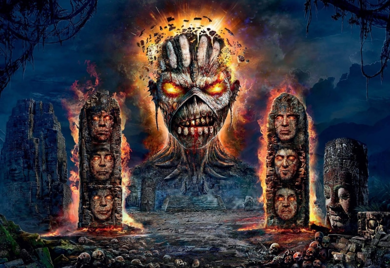 demon, mystery, outdoors, building, sculpture, buddhism, illustration, iron maiden, architecture, tiki, craft, backgrounds, human representation, halloween