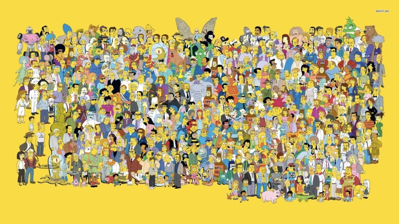 large group of people, simpnon, colored background, The Simpsons, happiness, fun, 1080P, doodle, group of people, yellow, Homer Simpson, men, young adult