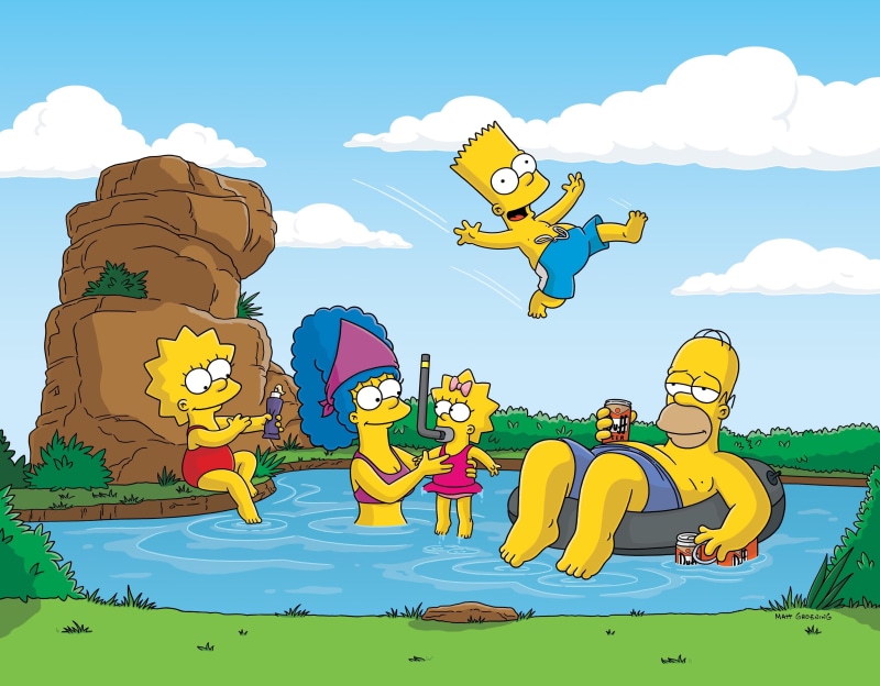 the simpsons, Homer, Lisa, group of people, men, Marge, Maggie, sky, multi colored, vector, water, illustration, day, leisure activity, creativity, fun