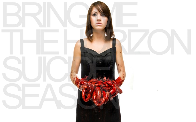 white background, album, season, suicide season, casual clothing, adult, young women, women, fashion, text, horizon, hairstyle, front view, portrait, deathcore