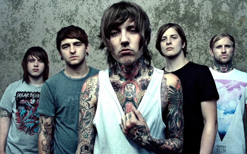 group of people, looking at camera, people, front view, digital composite, casual clothing, tattoo, men, indoors, top, tank, Bring Me the Horizon, togetherness