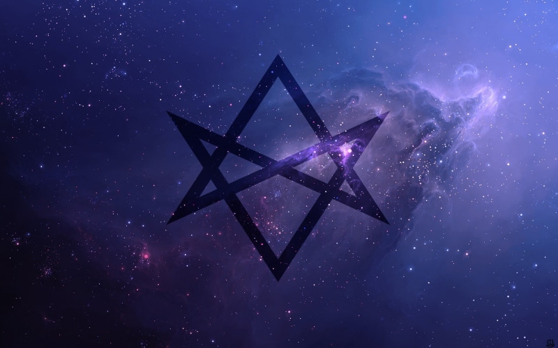 directly below, infinity, star shape, no people, nature, outdoors, astronomy, space and astronomy, space, sky, Unicursal Hexagram, galaxy, blue