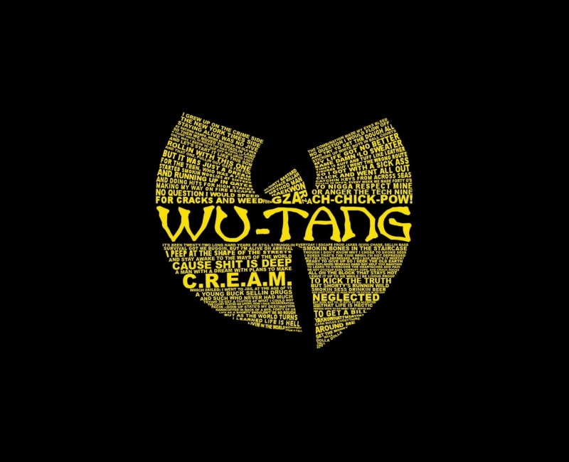text, copy space, close-up, sign, studio shot, western script, capital letter, Wu-Tang Clan, dark, black background, 1080P, positive emotion, yellow, message