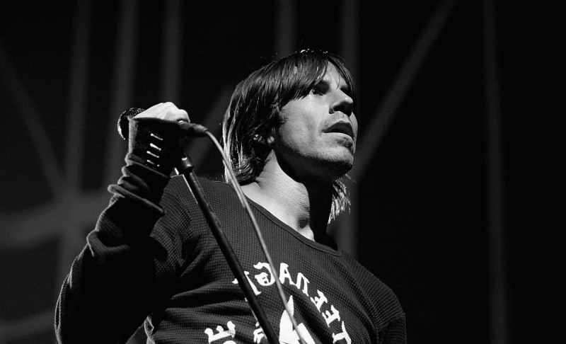 music, Red Hot Chili Peppers, occupation, stage, looking away, real people, mid adult, men, focus on foreground, monochrome, waist up, one person, males