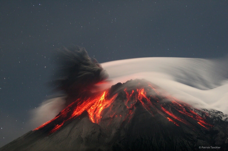long exposure, trees, land, beauty in nature, volcano, volcanic eruption, landscape, mountain peak, lava, exploding, scenics - nature, power in nature